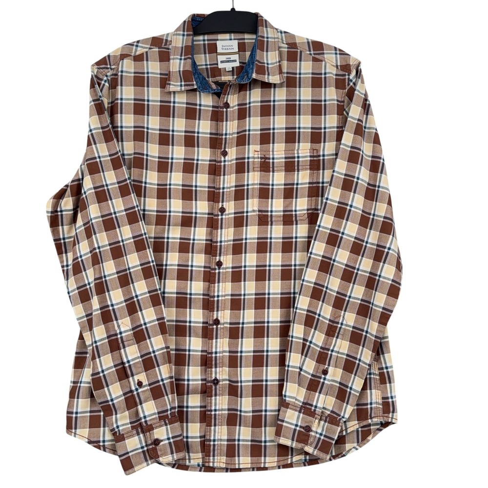 Indian Terrain‎ Plaid Button Down Mens M Cotton Poly Brown Tan Long Sleeve